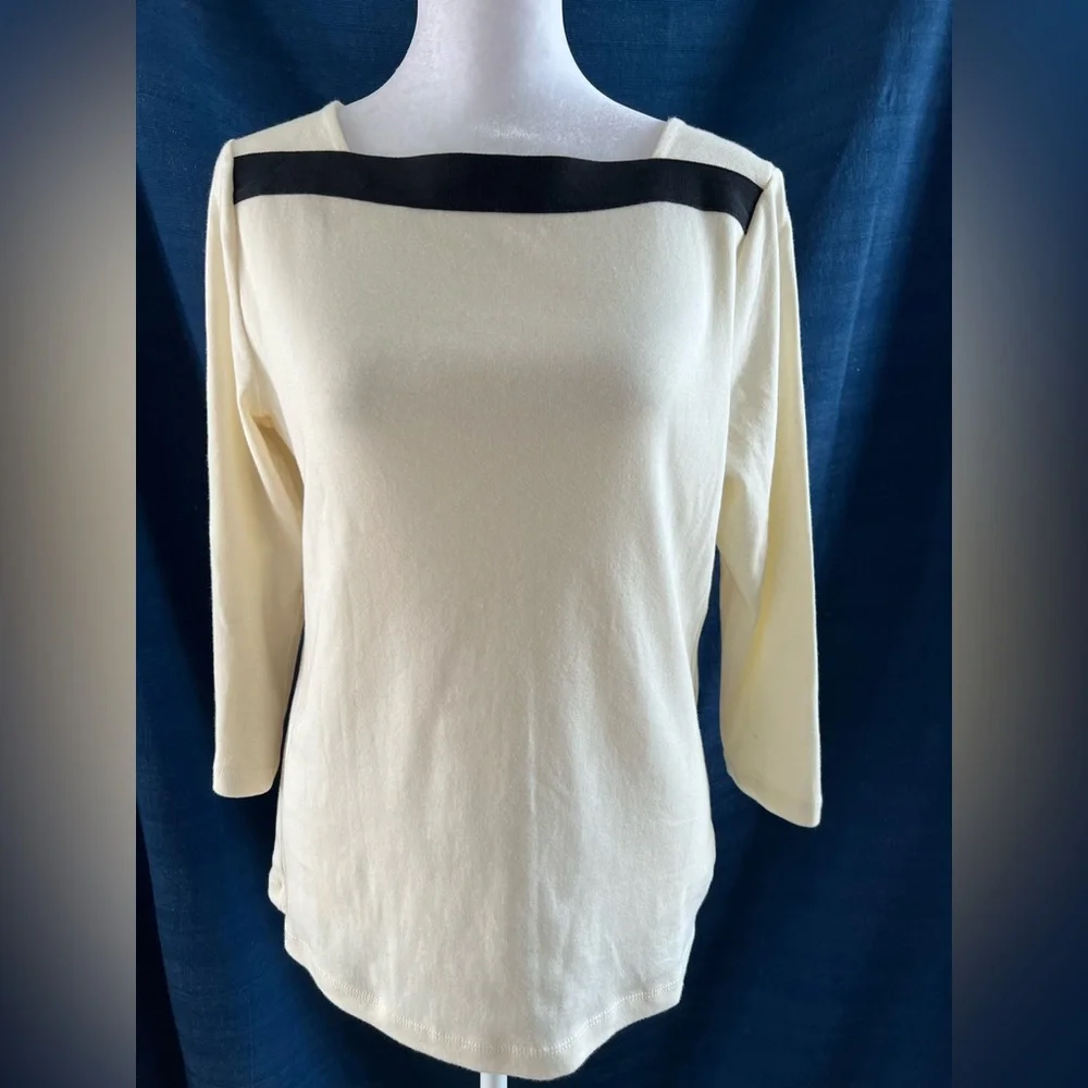 NWT Lauren Ralph Lauren | Cream 3/4 Sleeve Top Black Stripe Neckline Size Med - Picture 4 of 9